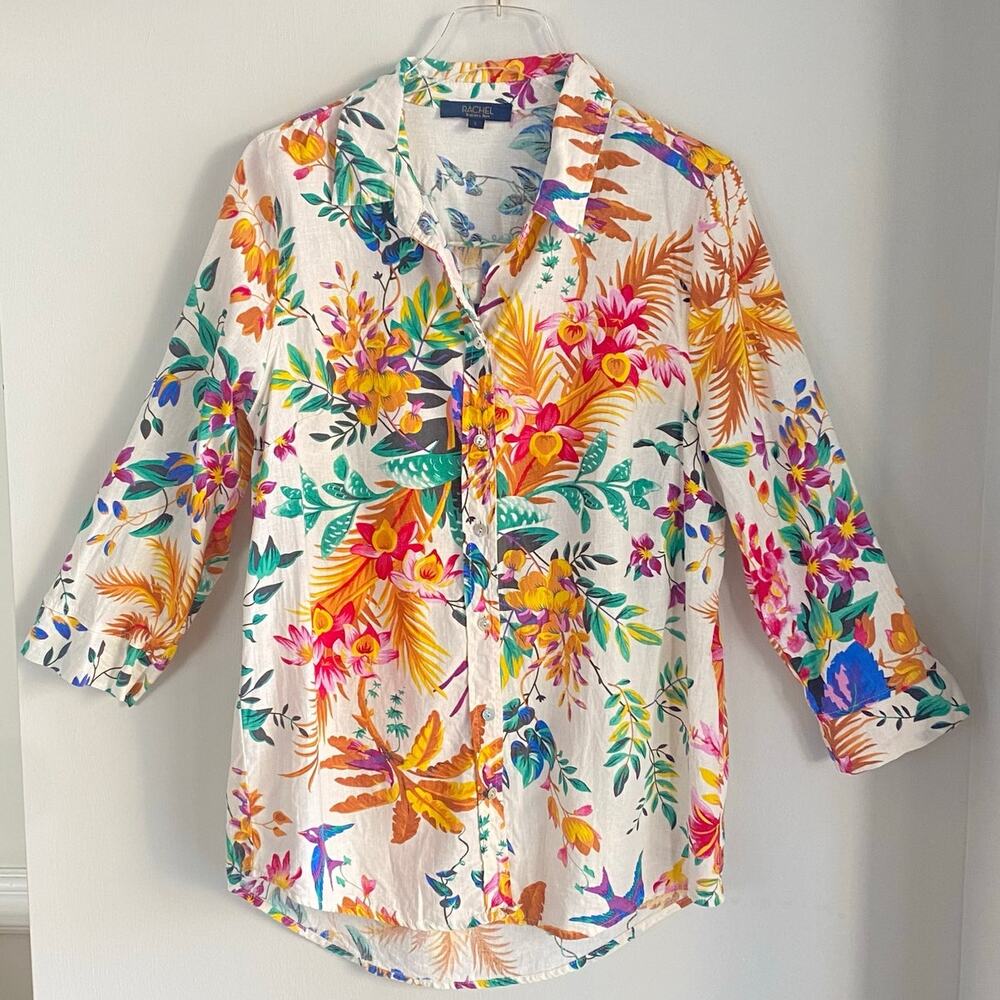 RACHEL Rachel Roy Linen Blend Blouse Hawaiian Tropical Birds Women Size Large